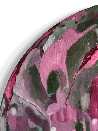 Original hand painted acrylic painting on canvas of an abstract jungle scene. Bold strokes of pinks, deep greens, and purples create a dynamic and vibrant landscape. The composition evokes the energy of the jungle through abstract forms and rich, contrasting colours close-up.