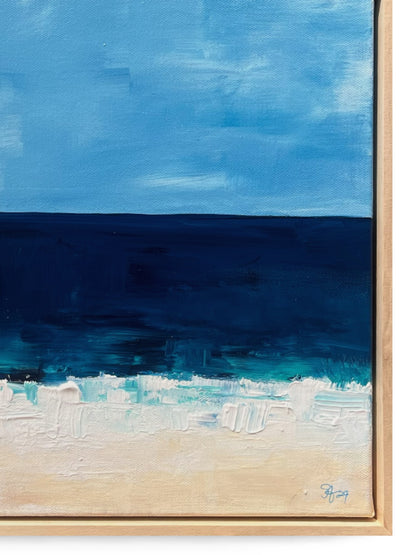 Original hand painted acrylic painting on canvas of a surfer in front of the deep blue ocean. The scene captures a surfer by his surf board, with golden sand adding warmth to the composition. The deep blues of the water contrast with the soft, warm tones of the shore close-up.