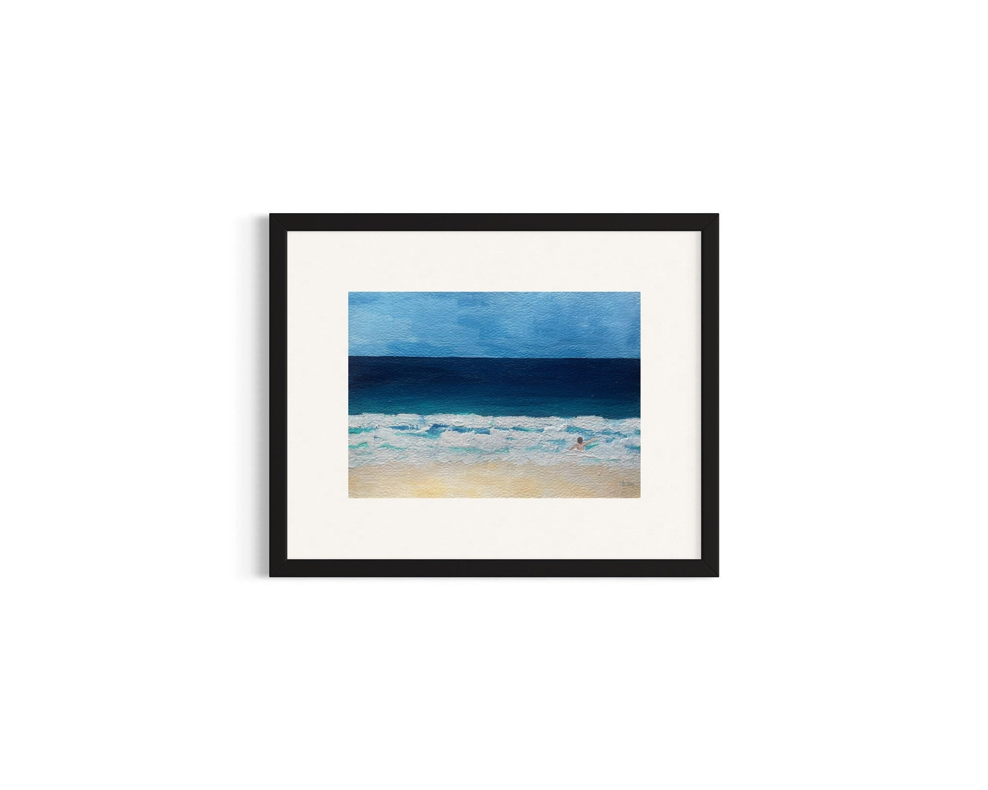 Original hand painted acrylic painting on acrylic paper of a swimmer in the deep blue ocean. The scene captures the swimmer surrounded by water, with golden sand adding warmth to the composition. The deep blues of the water contrast with the soft, warm tones of the shore.
