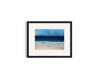 Original hand painted acrylic painting on acrylic paper of a swimmer in the deep blue ocean. The scene captures the swimmer surrounded by water, with golden sand adding warmth to the composition. The deep blues of the water contrast with the soft, warm tones of the shore.