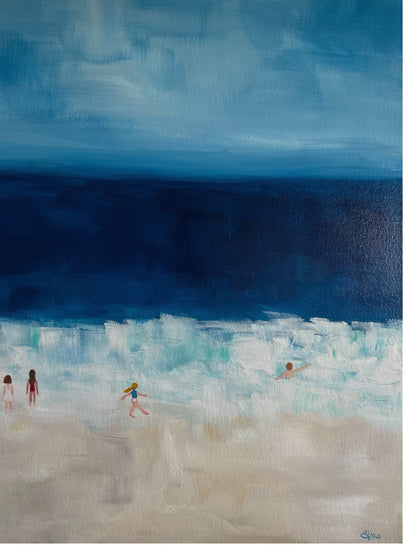 Original hand painted acrylic painting on canvas of swimmers in the deep blue ocean. The scene captures the fluid movement of the swimmers, with golden sand adding warmth to the composition. The deep blues of the water contrast with the soft, warm tones of the shore close-up.
