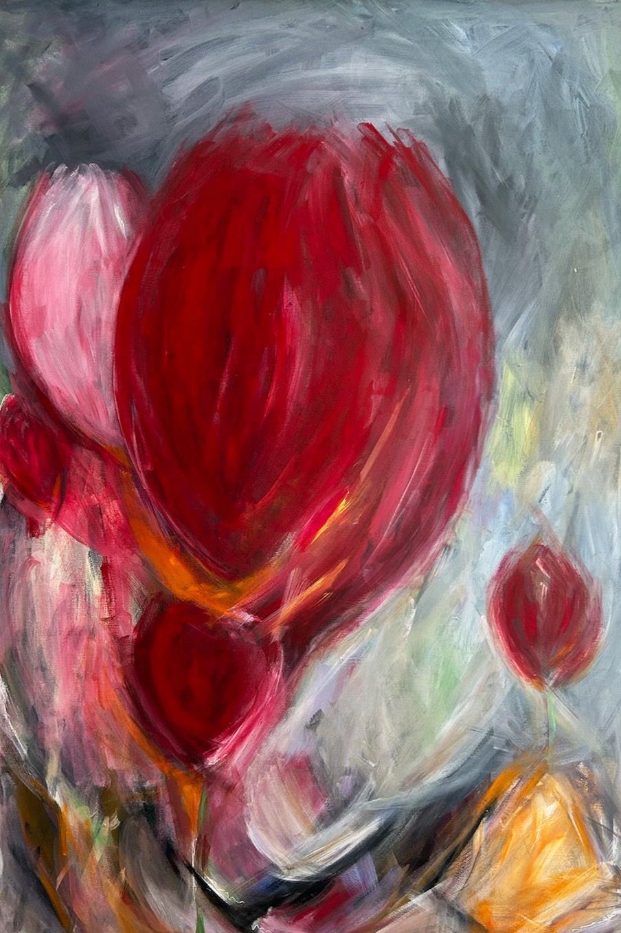 High quality print of an original abstract artwork featuring vibrant tulips. Bold strokes of colour in vibrant reds, pinks, and yellows blend with soft, flowing forms, evoking the energy and beauty of the flowers in a dynamic and modern composition.