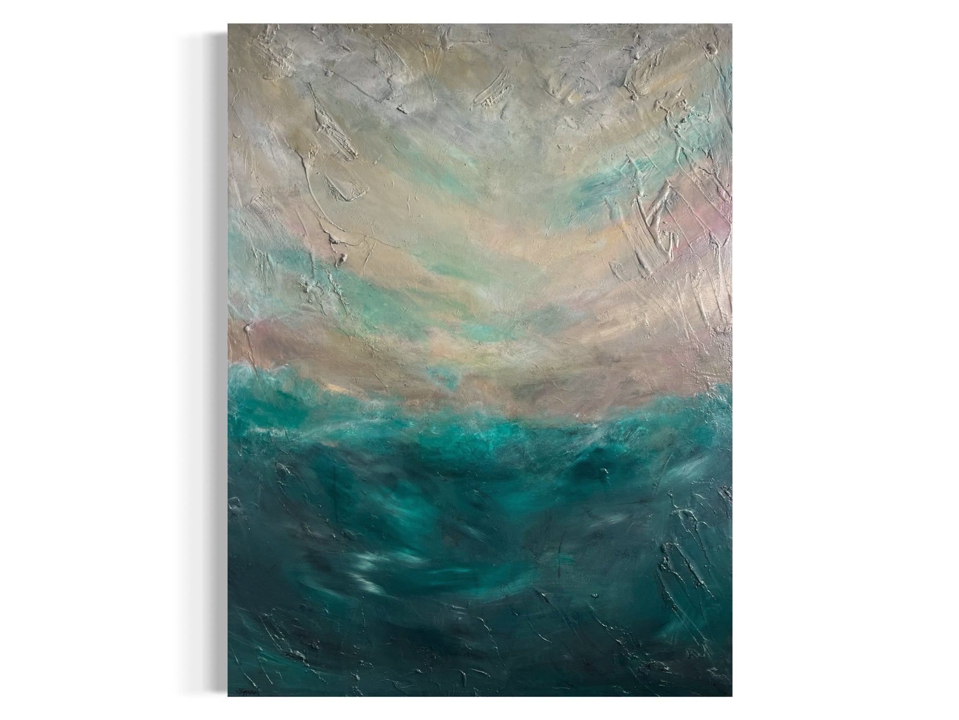 Wild ocean - Abstract painting of a wild ocean, with crashing waves in deep blues and foamy whites, creating a sense of movement and power. The tumultuous water swirls against a dark, stormy sky, evoking an intense and dramatic atmosphere