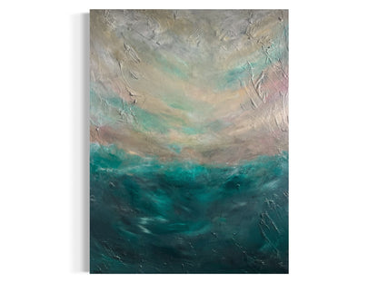 Wild ocean - Abstract painting of a wild ocean, with crashing waves in deep blues and foamy whites, creating a sense of movement and power. The tumultuous water swirls against a dark, stormy sky, evoking an intense and dramatic atmosphere